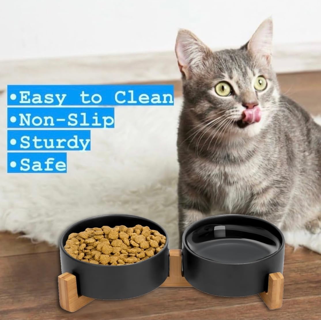 Ceramic Cat and Small Dog Bowl Set – Modern Indoor Small Size Pet Food and Water Bowls with Wood Stand – Non Slip Puppy Sized Feeding Station with Double Dishes (Gray)