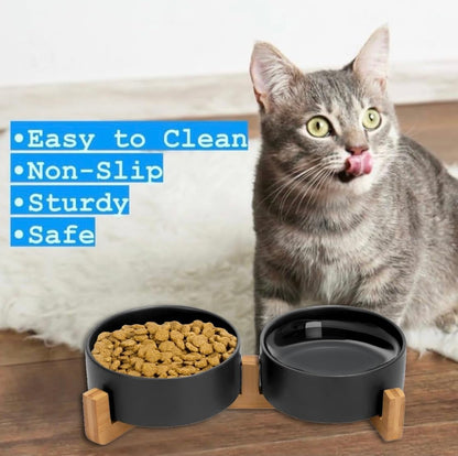 Ceramic Cat and Small Dog Bowl Set – Modern Indoor Small Size Pet Food and Water Bowls with Wood Stand – Non Slip Puppy Sized Feeding Station with Double Dishes (Gray)