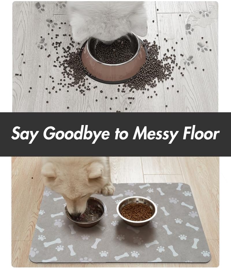 MontVoo Dog Food Mat-Pet Feeding Mat for Food and Water-No Stains Quick Dry Dispenser Cat Bowl Mat for Messy Drinkers(12"x19" Dark Grey)