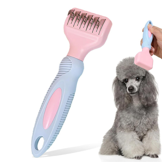 HOP Pink Professional Pet Dematting Comb with Handle Stainless Steel Dematting Fur Rake Brush Pet Grooming Tool for Long-Haired Dogs and Cats Remove Loose Hair Mats Knots Tangles