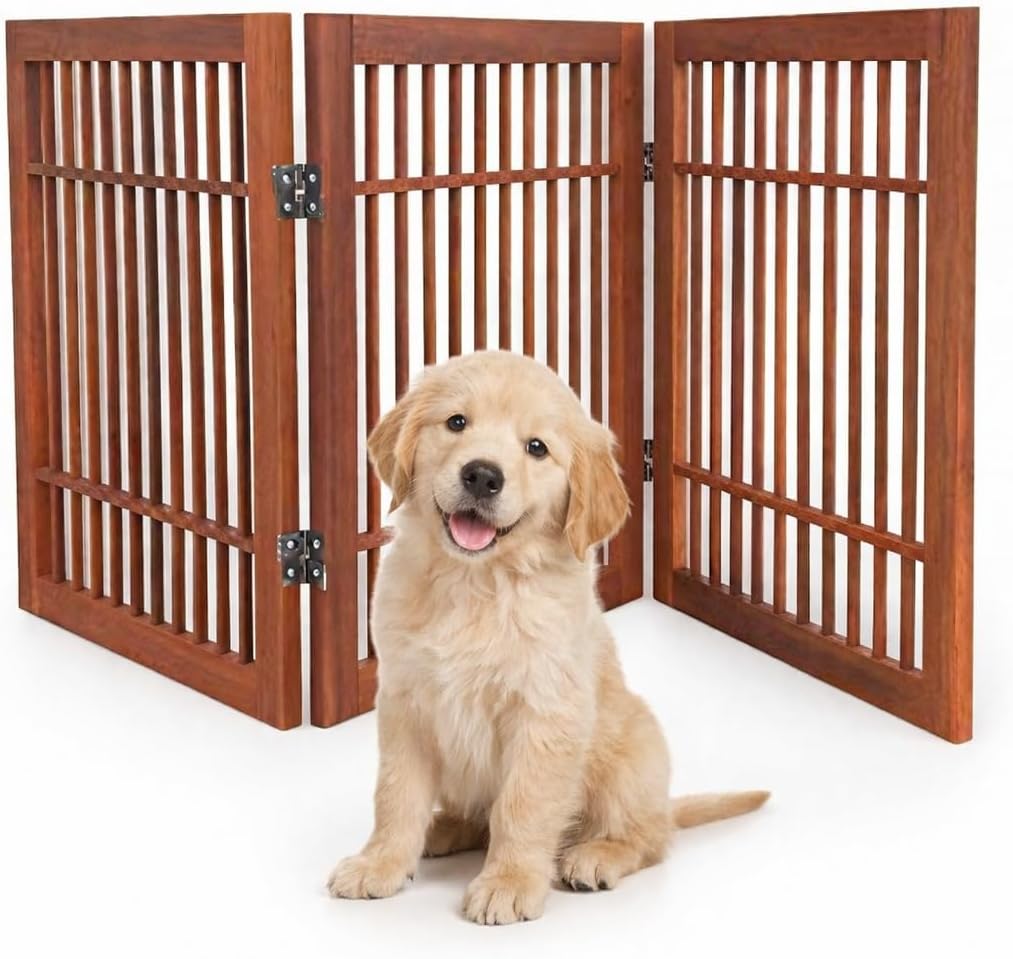 Urnporium Freestanding Wooden Dog Gate for Doorways – Foldable Acacia Wood Pet Gate, No Drill Portable Indoor/Outdoor Puppy Fence Barrier (White Pet Gate, 3 Panel 24" Tall)