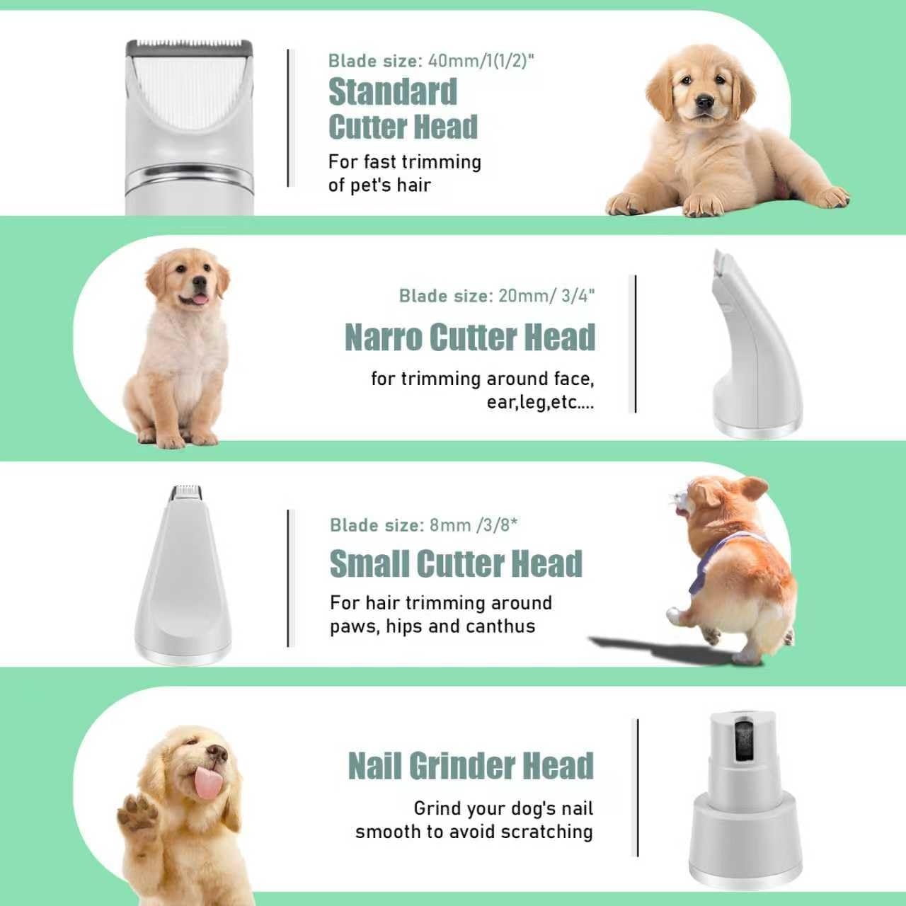 Dog Hair Clippers Grooming Kit and Paw Trimmer Nail Grinder Quiet,Dog Trimmer for Grooming,4-in-1 Rechargeable Cordless Low Noise Dog Shaver Grooming for Dogs Pets Cats(Green)