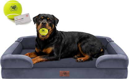 Extra Large Dog Bed, Orthopedic XL Washable Memory Foam Bed for Big Dogs Waterproof Pet Couch Sofa Bolster with Removable Cover, Non-Slip Bottom, Tennis Ball Toy, 42x30