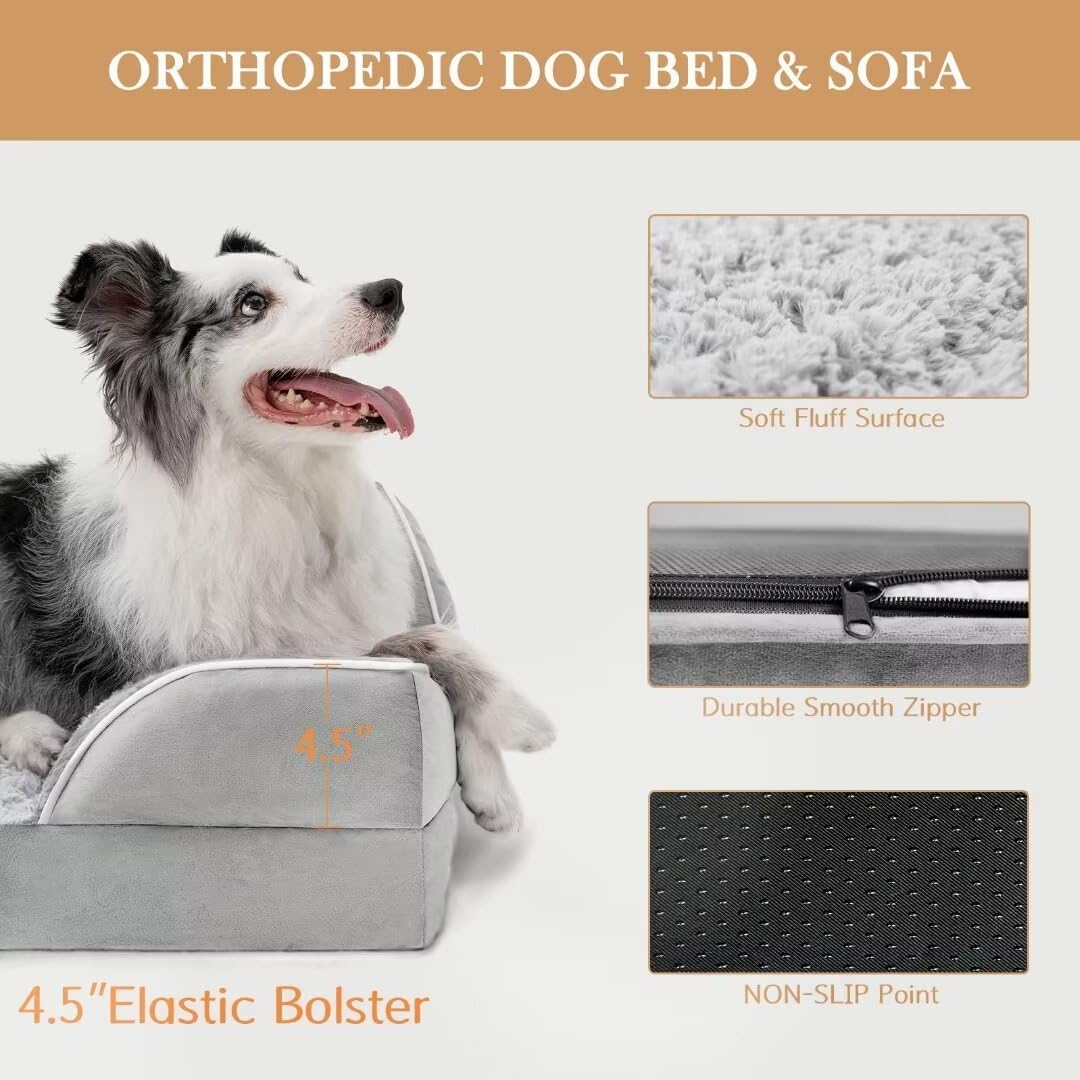 Comfort Expression Orthopedic Dog Bed for Extra Large Dogs 42x30 Inch, Waterproof Egg Crate Foam XL Pet Bed with Removable Bolsters, Dog Couch with Washable Cover & Non-Slip Bottom, Grey - Colors B