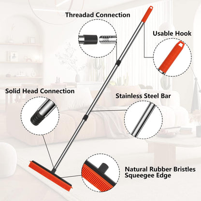 Pet Hair Rubber Broom with Squeegee for Carpet,Fur Remover Broom Carpet Rake for Pet Hair Removal, with 50" Long Handle, Dual-Sided for Hardwood Floor, Tile,Portable Detailing Lint Brush