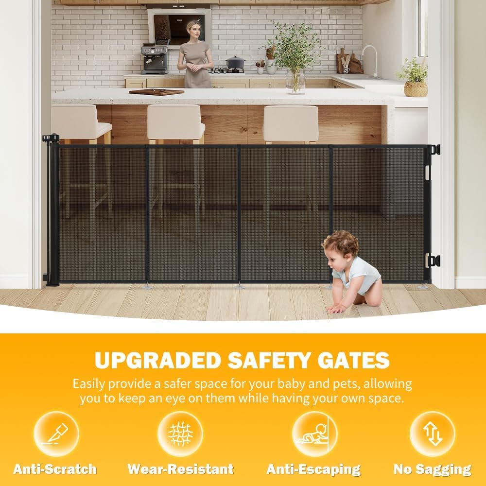 47” Extra Tall Retractable Baby Gate, Reinforced Mesh Dog Gate Extends to 71" Wide, Baby Gate for Stairs, Doorways, Hallways, Indoor and Outdoor, Black