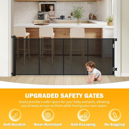 47” Extra Tall Retractable Baby Gate, Reinforced Mesh Dog Gate Extends to 71" Wide, Baby Gate for Stairs, Doorways, Hallways, Indoor and Outdoor, Black