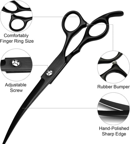 FAIGEO Dog Grooming Scissors with Safety Round Tips Stainless Steel Professional Dog Grooming Kit - Thinning, Curved Scissors and Comb for Cat Pet (Pink 4 in 1)
