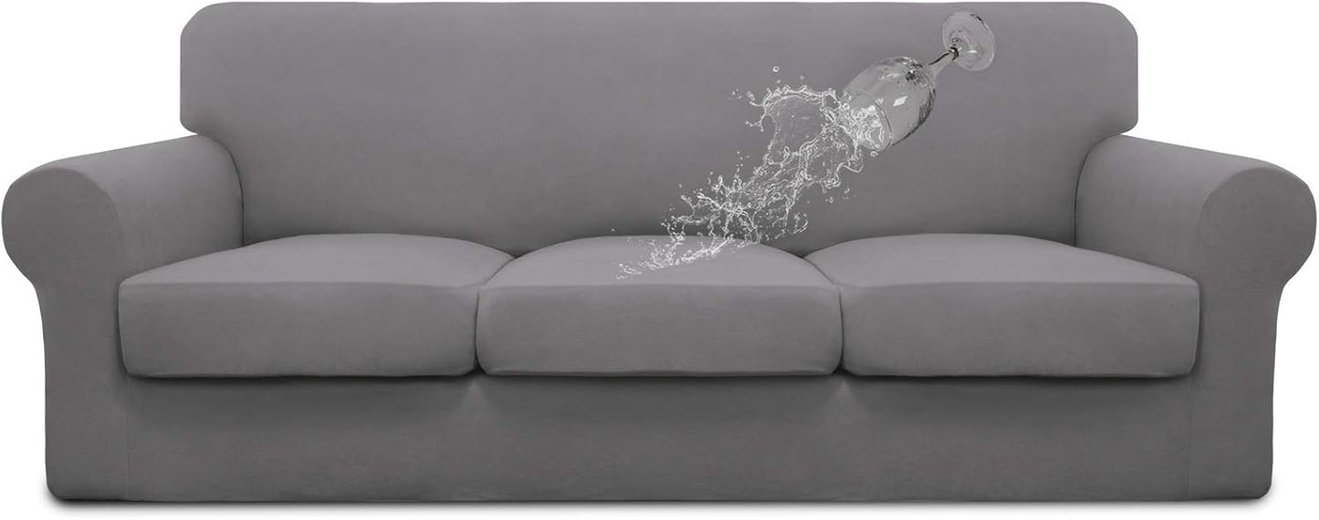 Easy-Going 100% Dual Waterproof 4 Pieces Stretch Soft Couch Cover for Dogs, Sofa Slipcover for 3 Separate Cushion Couch Leakproof Furniture Protector for Kids, Pets Dark Gray