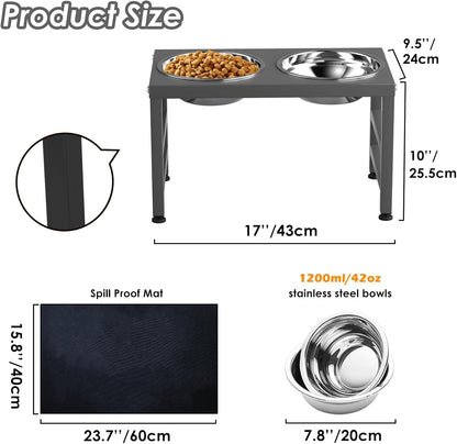 ADENGL Metal Raised Dog Bowl, 10" Tall Elevate Dog Feeder Stand with 2 Stainless Steel 42oz Bowls & 16x24 Non-Slip Mat – Stronger Dogs Food & Water Bowl Stand (Black)