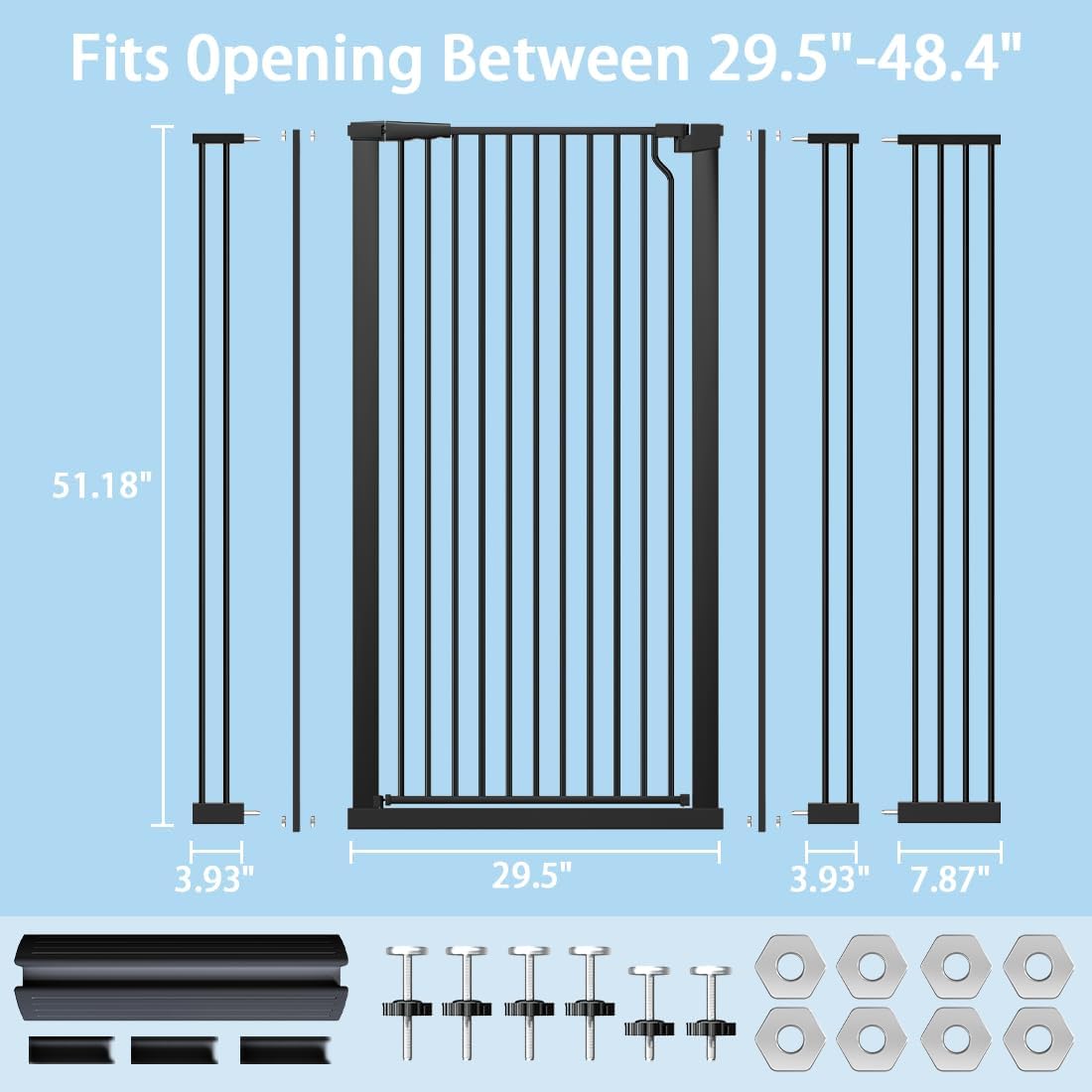 51.18" Extra Tall Cat Gate for Doorway,29.5"- 48.4" Wide Auto Close Tall Pet Gate No Drilling Pressure Mounted for Hallway Kitchen,Black