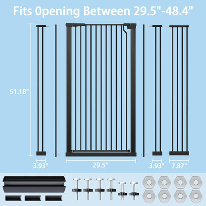 51.18" Extra Tall Cat Gate for Doorway,29.5"- 48.4" Wide Auto Close Tall Pet Gate No Drilling Pressure Mounted for Hallway Kitchen,Black