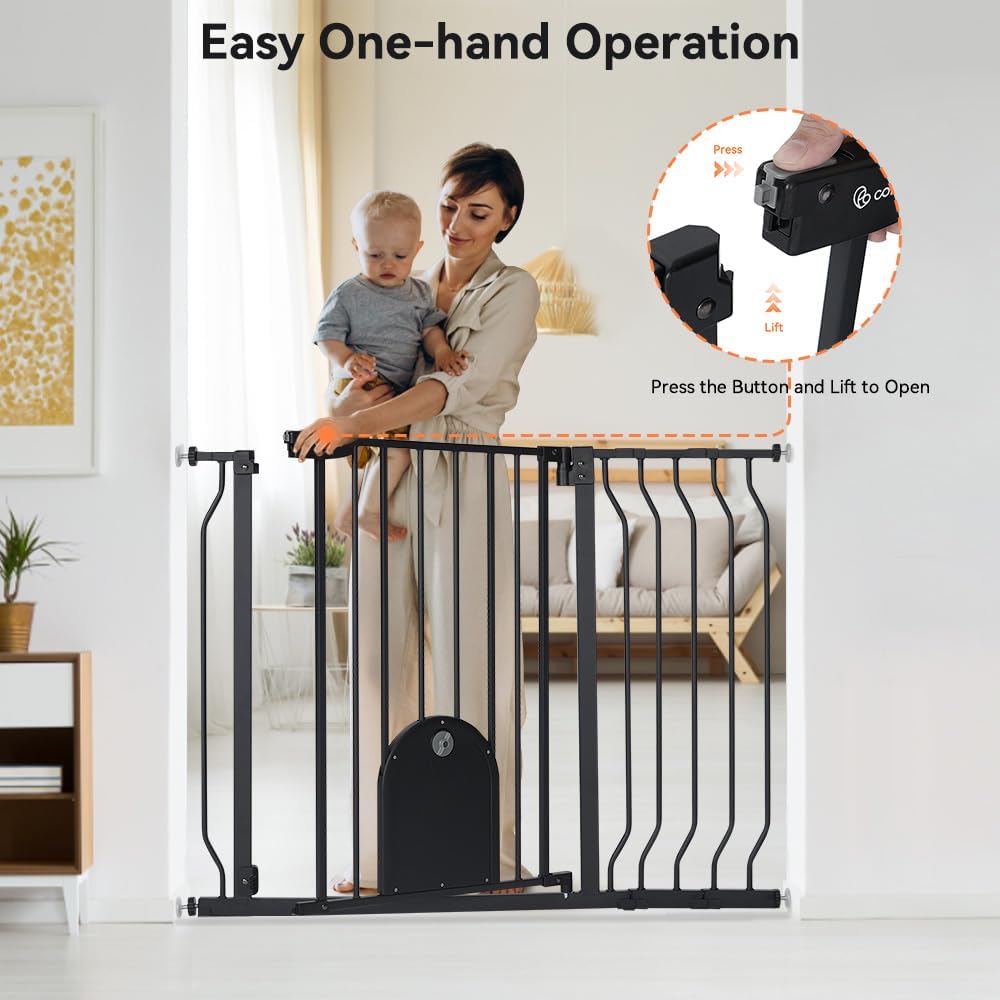 COMOMY 29.5-48.4" Baby Gate with Adjustable Cat Door,Extra Wide Metal Cat Gate for Stairs Doorways, Auto Close Dog Gate with Pet Door for House, Pressure Mounted Easy Walk Through (30" Tall, Black)