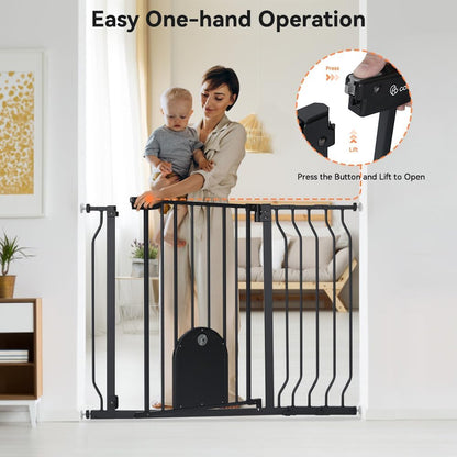COMOMY 29.5-48.4" Baby Gate with Adjustable Cat Door,Extra Wide Metal Cat Gate for Stairs Doorways, Auto Close Dog Gate with Pet Door for House, Pressure Mounted Easy Walk Through (30" Tall, Black)