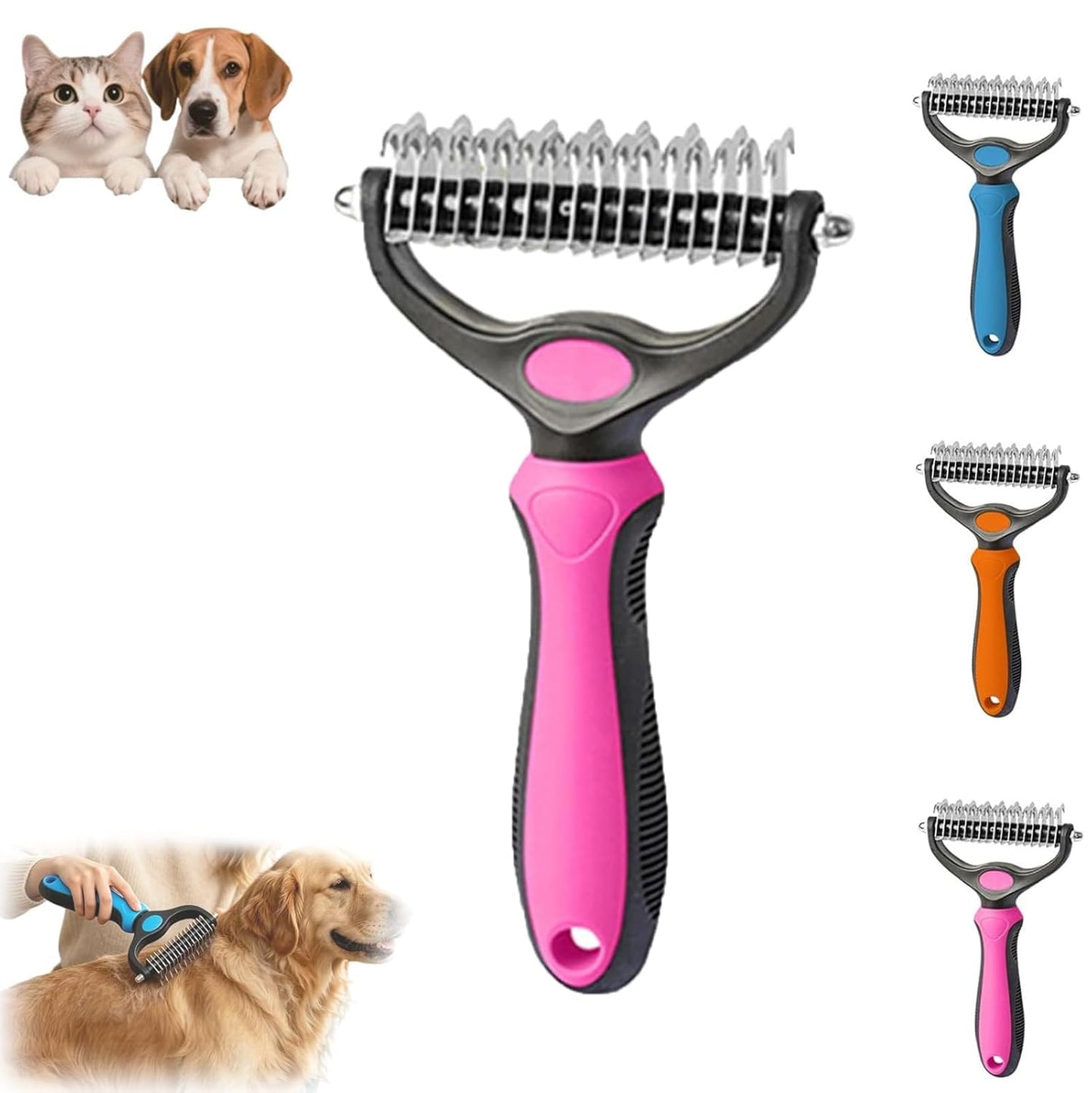 Pet Pro Grooming Tool, 2-in-1 Deshedding Dog Brush with 9/17 Teeth Undercoat Rake for Dogs & Cats, Dual-Sided Stainless Steel Pet Comb for Long Hair & Thick Coats, Non-Slip Ergonomic Handle (Pink-L)