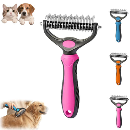 Pet Pro Grooming Tool, 2-in-1 Deshedding Dog Brush with 9/17 Teeth Undercoat Rake for Dogs & Cats, Dual-Sided Stainless Steel Pet Comb for Long Hair & Thick Coats, Non-Slip Ergonomic Handle (Pink-L)