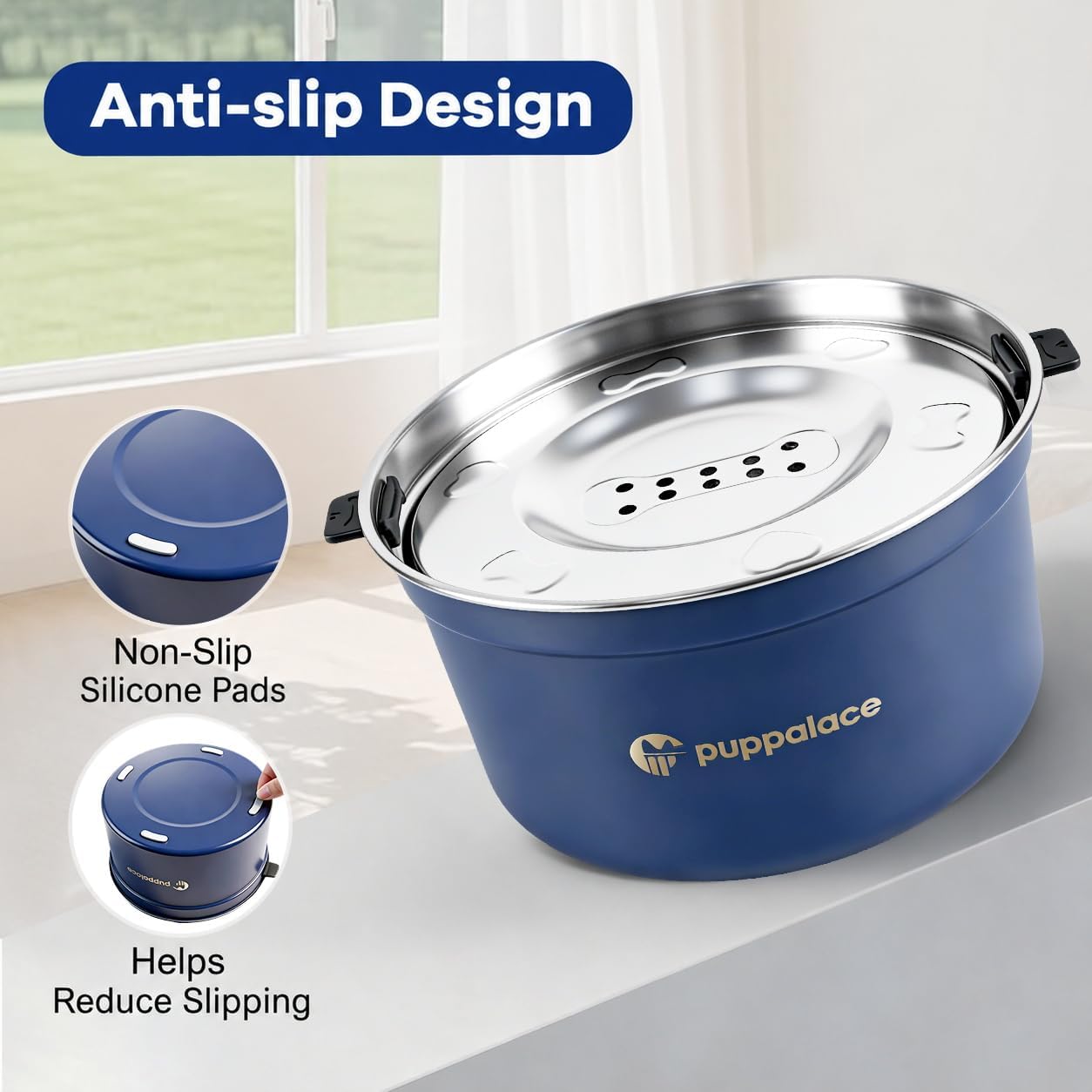 No Spill Dog Water Bowl, 3.2L/108oz Stainless Steel Slow Water Feeder with Floating Disk, Splash Proof Non-Slip Bowl for Messy Drinkers, Large Dogs and Cats, Blue