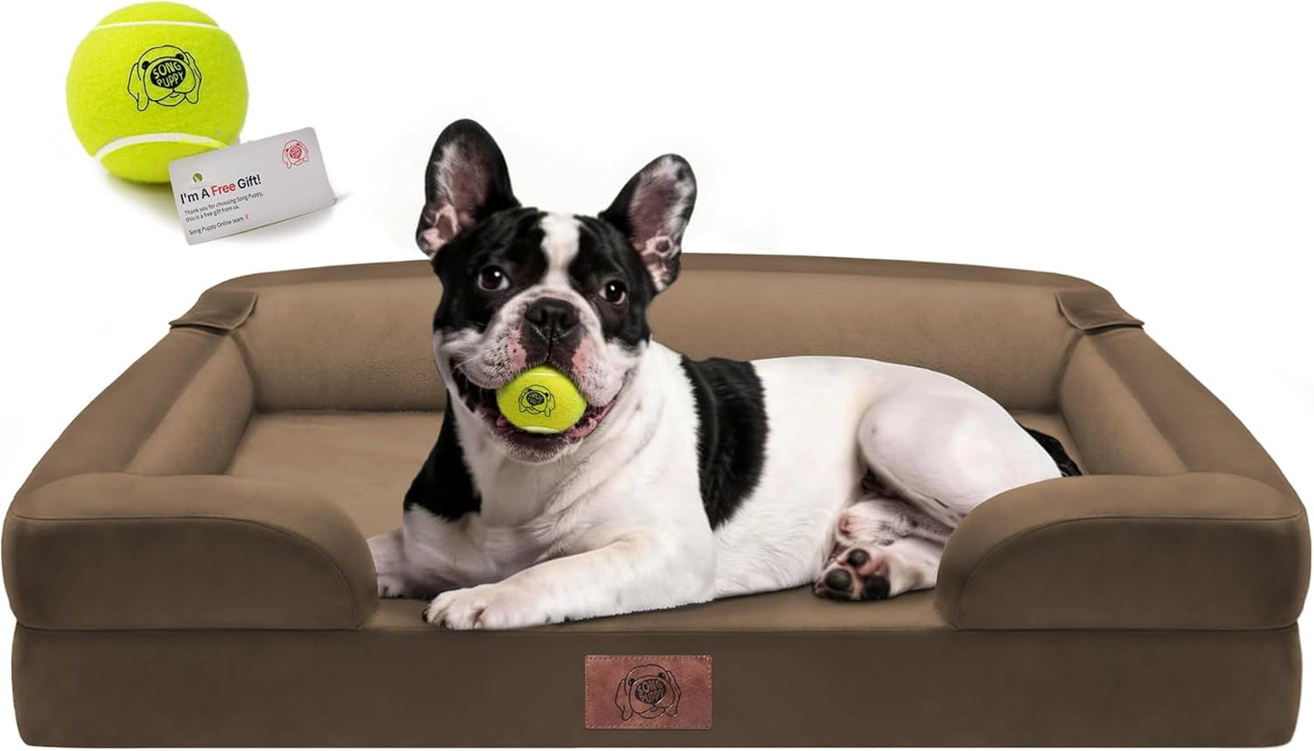 Extra Large Dog Bed, Orthopedic XL Washable Memory Foam Bed for Big Dogs Waterproof Pet Couch Sofa Bolster with Removable Cover, Non-Slip Bottom, Tennis Ball Toy, 42x30
