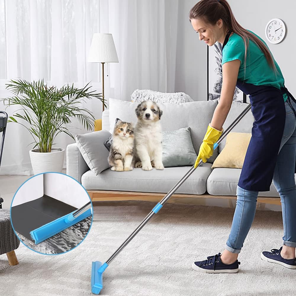 Rubber Broom and Pet Hair Removal Brush Set for Carpet, Fur Remover Broom with Squeegee for Wooden Floor, Detailing Lint Remover Brush for Pet Dog Cat Hair Car Interior