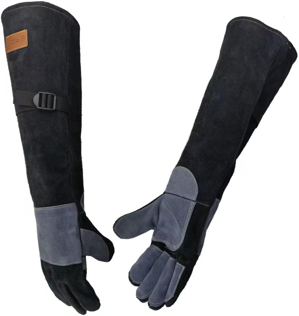 WZQH 23.6 In Leather Welding Gloves for Animal Handling,Grabbing Reptile, Grooming,Trips to Vet,BBQ,Fireplace.Puncture & Scratch Resistant, Bite Proof for Cat Dog Bird Falcon Livestock Snake L Black