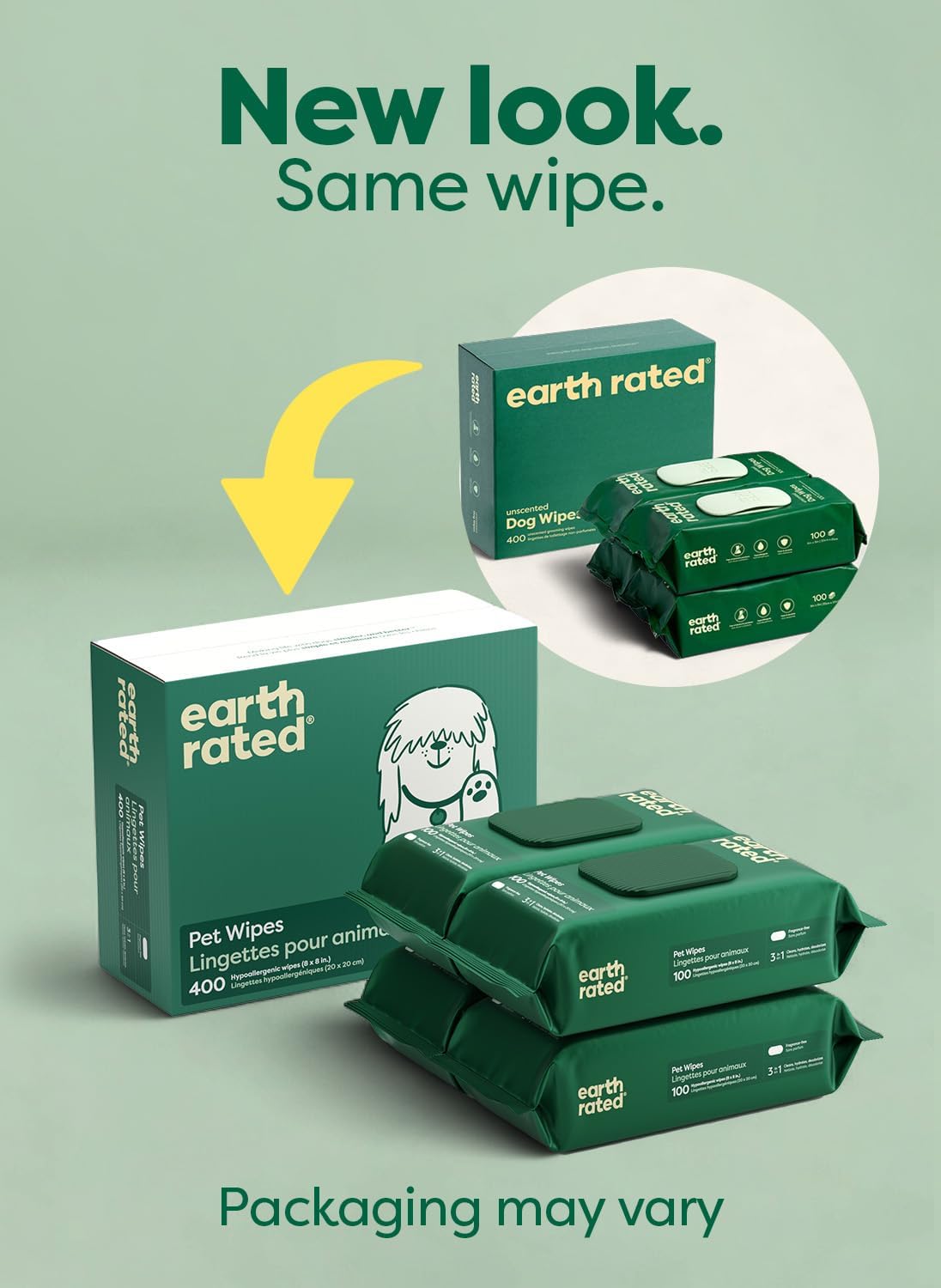 Earth Rated Dog Wipes, Hypoallergenic, Cleaning and Hydrating, for Grooming Paws, Body and Butt, Lavender Scented, 400 Count
