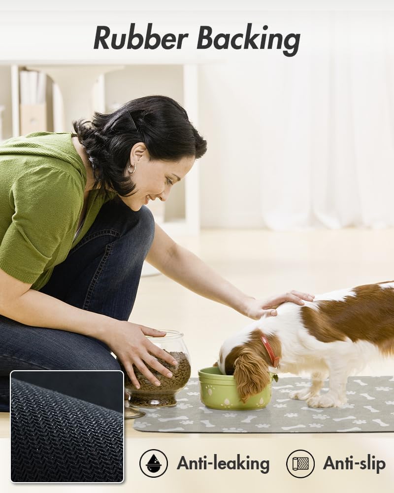 MontVoo Dog Food Mat-Pet Feeding Mat for Food and Water-No Stains Quick Dry Dispenser Cat Bowl Mat for Messy Drinkers(12"x19" Dark Grey)
