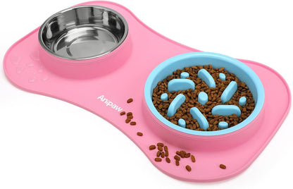 Anipaw Slow Feeder Dog Bowls 3 in 1 Stainless Steel Food and Water Bowls with Non-Spill and Skid Silicone Mat to Slow Down Eating for Large Medium Small Breed Size Dogs and Cats