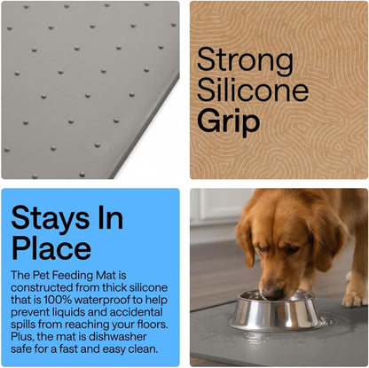 GORILLA GRIP 100% Waterproof Raised Edge BPA Free Silicone Pet Feeding Mat, Dog Cat Food Mats Contain Spills Protects Floors, Placemats for Cats and Dogs Water Bowl, 18.5x11.5, Gray