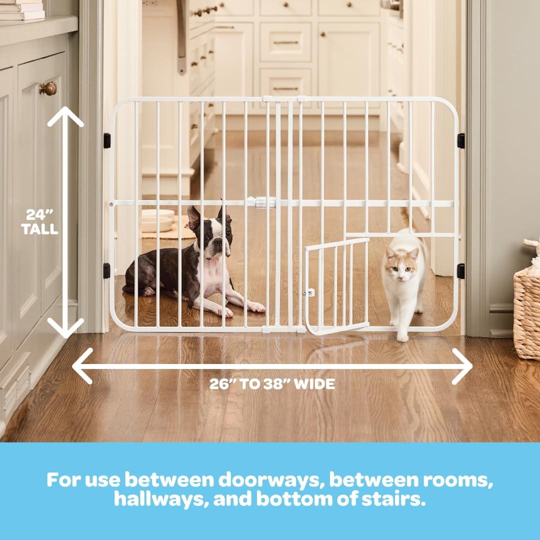 Carlson 18-30.75" Mini Expandable Dog Gate with Small Pet Door, Pressure Mounted Metal Indoor Pet Gate for Doorways & Bottom of Stairs, Cat Gate, White