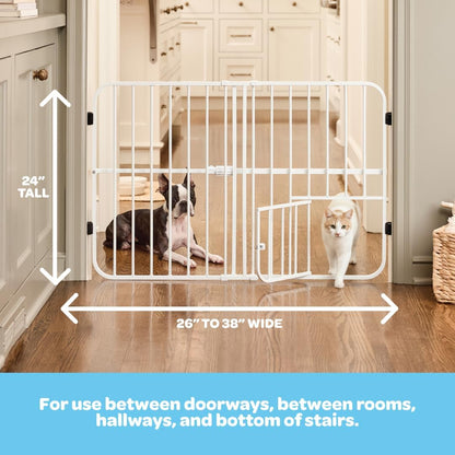 Carlson 18-30.75" Mini Expandable Dog Gate with Small Pet Door, Pressure Mounted Metal Indoor Pet Gate for Doorways & Bottom of Stairs, Cat Gate, White