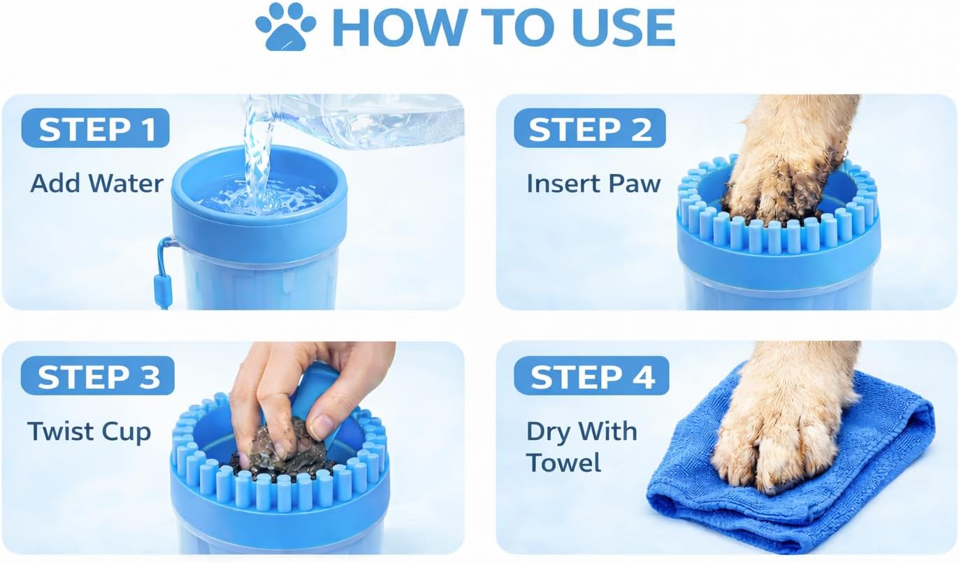 Dog Paw Cleaner Cup with Towel, Pet Paw Cleaner for Dogs & Cats, Portable Muddy Paw Washer with Soft Silicone Bristles, Deep Cleaning Paw Washer Cup (Blue)