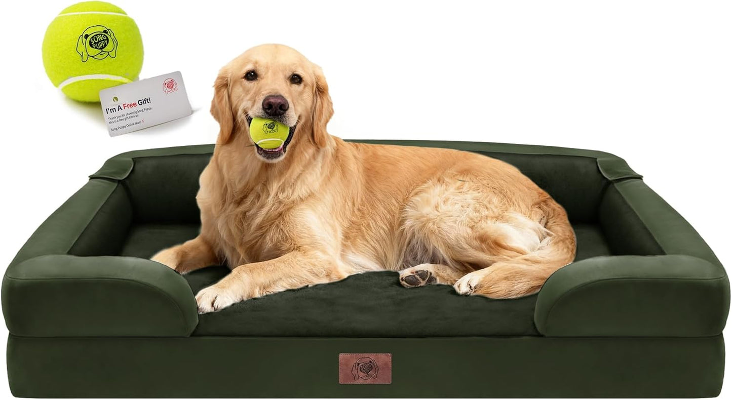 Extra Large Dog Bed, Orthopedic XL Washable Memory Foam Bed for Big Dogs Waterproof Pet Couch Sofa Bolster with Removable Cover, Non-Slip Bottom, Tennis Ball Toy, 42x30