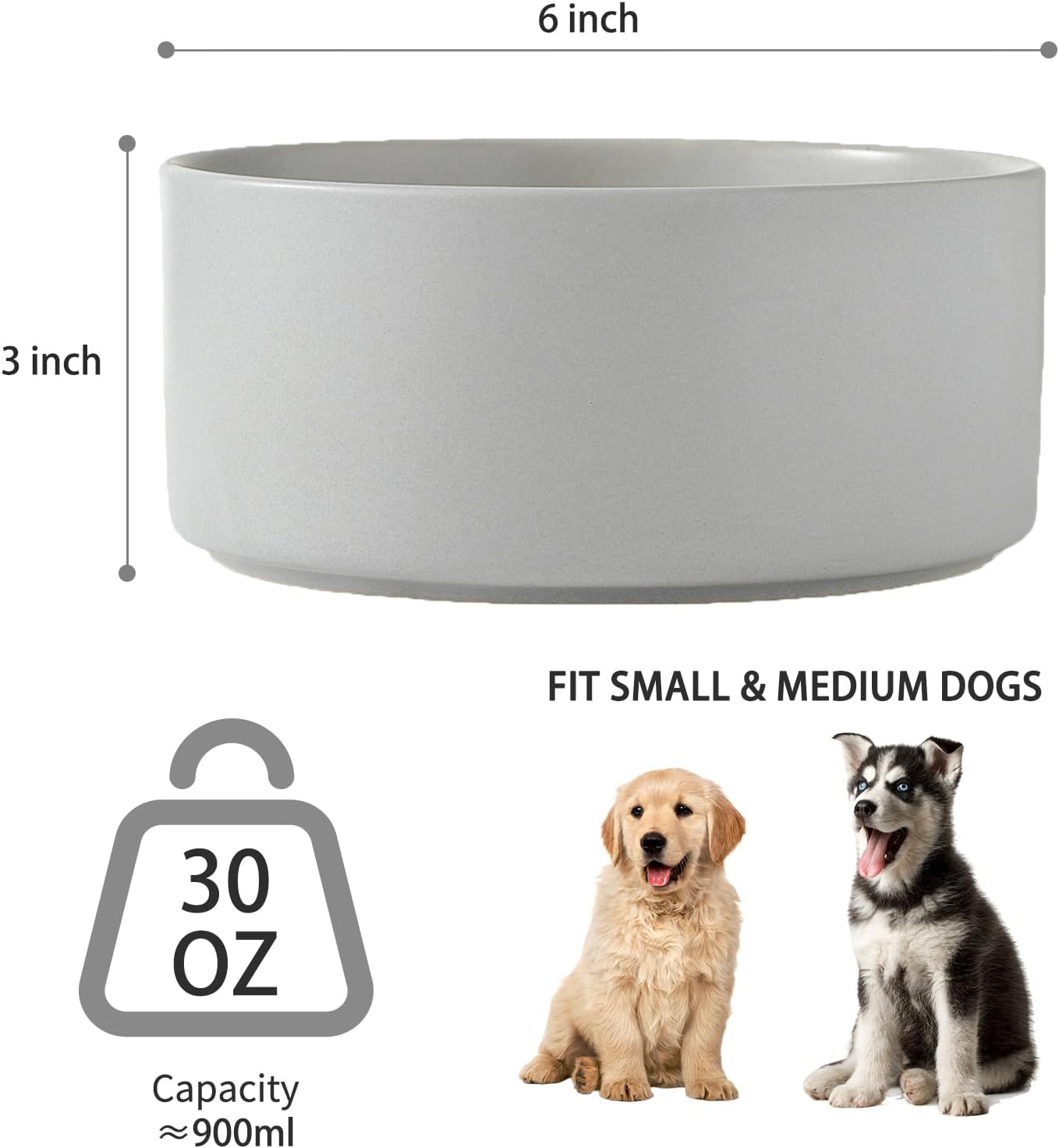 6'' Ceramic Raised Dog Bowl - 30Oz Dog Food & Water Bowl with Elevated Non-Slip Bamboo Stand, Dishwasher & Microwave Safe, Anti Vomiting Heavy Duty Pet Bowl for Small and Medium Dogs, White