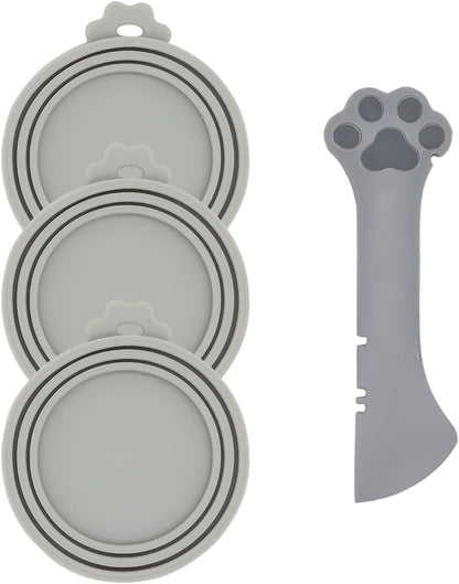 Pet Can Opener & 3 Pcs Cat Food Can Lids | Universal BPA Free Silicone Covers & Multi-Function Wet Food Spoon for Cat and Dog Food(Dark Blue)