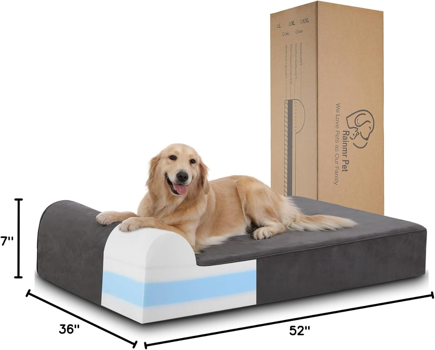 Rainmr Orthopedic Dog Beds for Large Dogs, 7" Memory Foam Dog Beds with Waterproof Liner, Durable Microsuede Cover, Removable and Washable, Nonskid Bottom, 48"x30"x7" L Grey