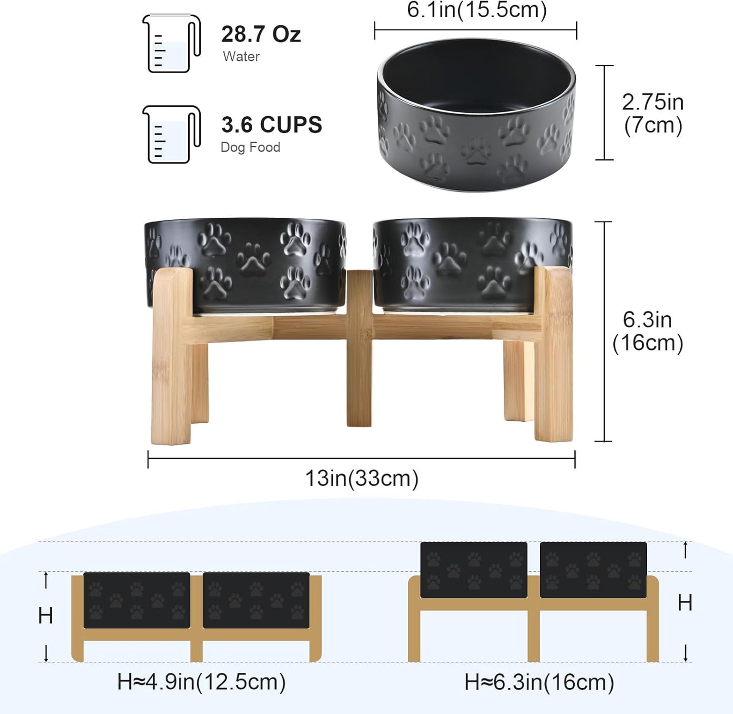 SPUNKYJUNKY Elevated Dog Bowls Ceramic, 6.1'' Dogs and Cat Food Water Bowls Raised with Non-Slip Bamboo Stand for Medium Sized Breed Microwave Dishwasher Safe - 28.7 OZ,Beige