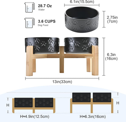 SPUNKYJUNKY Elevated Dog Bowls Ceramic, 6.1'' Dogs and Cat Food Water Bowls Raised with Non-Slip Bamboo Stand for Medium Sized Breed Microwave Dishwasher Safe - 28.7 OZ,Beige