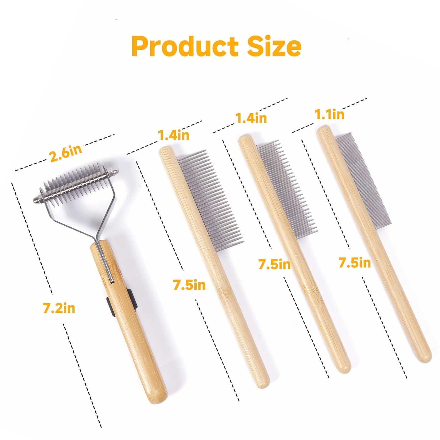 Bamboo Pet Grooming Kit for Medium to Long Haired Cats & Dogs, 4-in-1 Dematting Comb Set with Undercoat Rake, Detangling & Deshedding Tools, Fine/Wide Tooth Combs for Indoor Pets