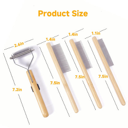 Bamboo Pet Grooming Kit for Medium to Long Haired Cats & Dogs, 4-in-1 Dematting Comb Set with Undercoat Rake, Detangling & Deshedding Tools, Fine/Wide Tooth Combs for Indoor Pets