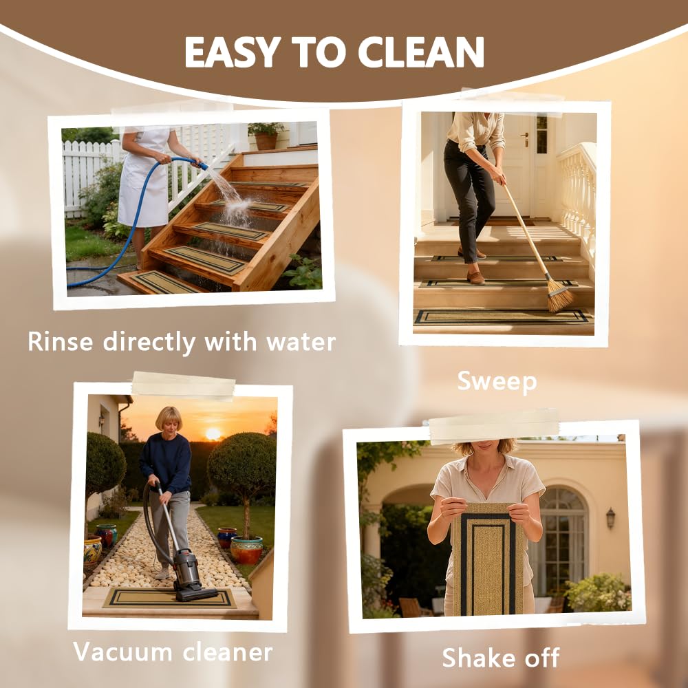 Outdoor Stair Treads for Wooden Steps, Non-Slip Rubber Brown Stair Runner Rugs, 6 Pcs 8.5" x 30" Heavy Duty Stair Mats for Outside Steps, Weatherproof Grip for Elders, Dogs & Kids, Black Border.