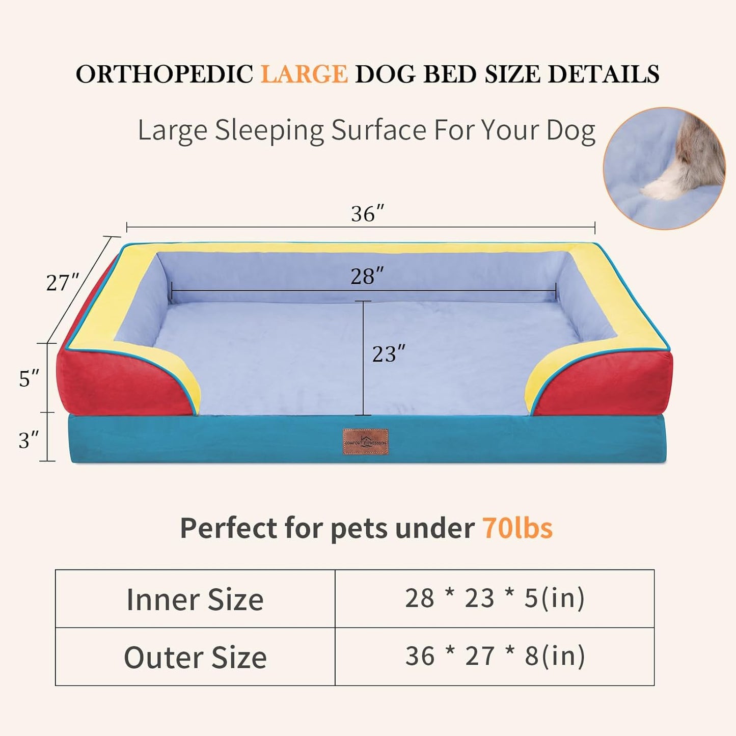 Comfort Expression Orthopedic Dog Bed for Extra Large Dogs 42x30 Inch, Waterproof Egg Crate Foam XL Pet Bed with Removable Bolsters, Dog Couch with Washable Cover & Non-Slip Bottom, Grey - Colors B