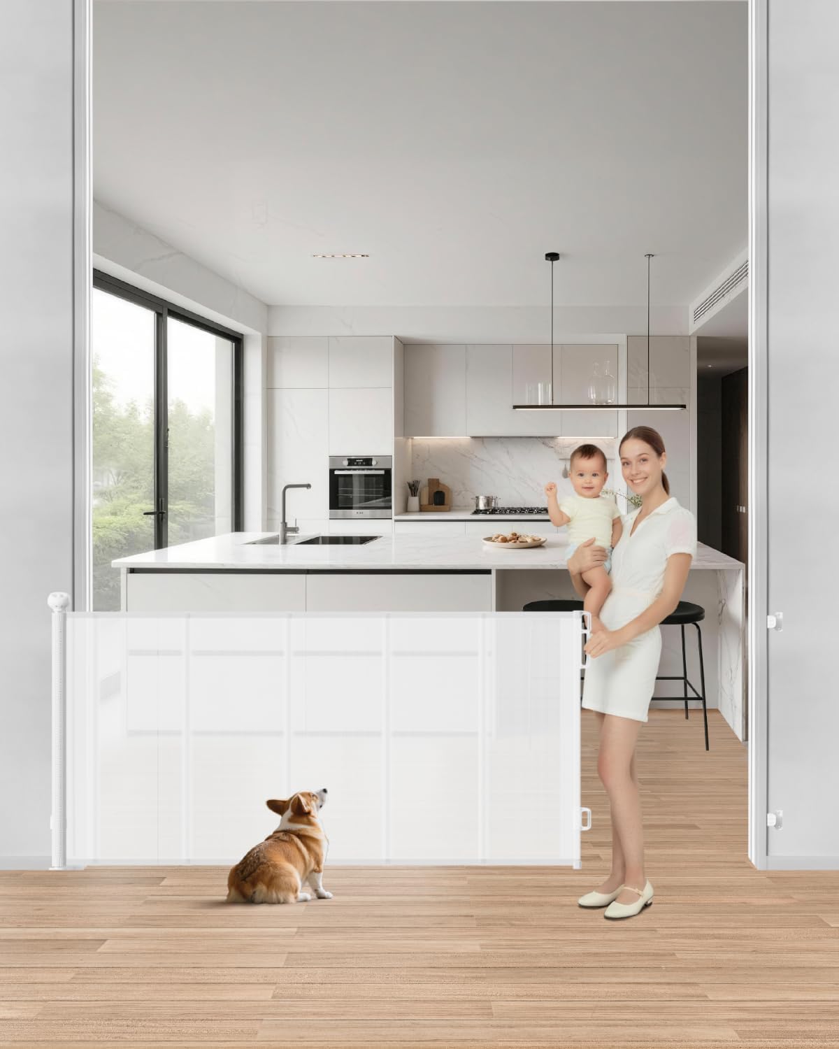 Retractable Baby Gate, 55" Wide Mesh Gate with 4 Reinforced Rods, Prevents Kids & Dogs from Crawling Under, 34" Tall Easy-to-Use Pet Gate for Stairs, Bedrooms, Hallways, Indoor/Outdoor, White