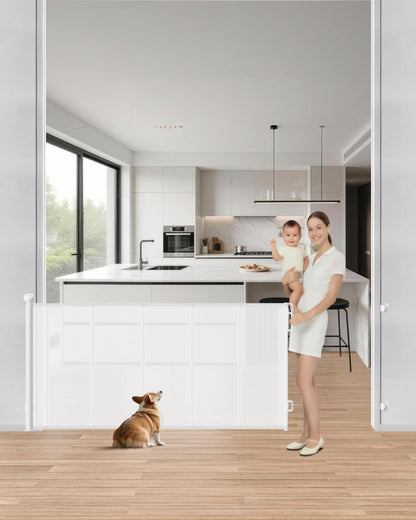Retractable Baby Gate, 55" Wide Mesh Gate with 4 Reinforced Rods, Prevents Kids & Dogs from Crawling Under, 34" Tall Easy-to-Use Pet Gate for Stairs, Bedrooms, Hallways, Indoor/Outdoor, White