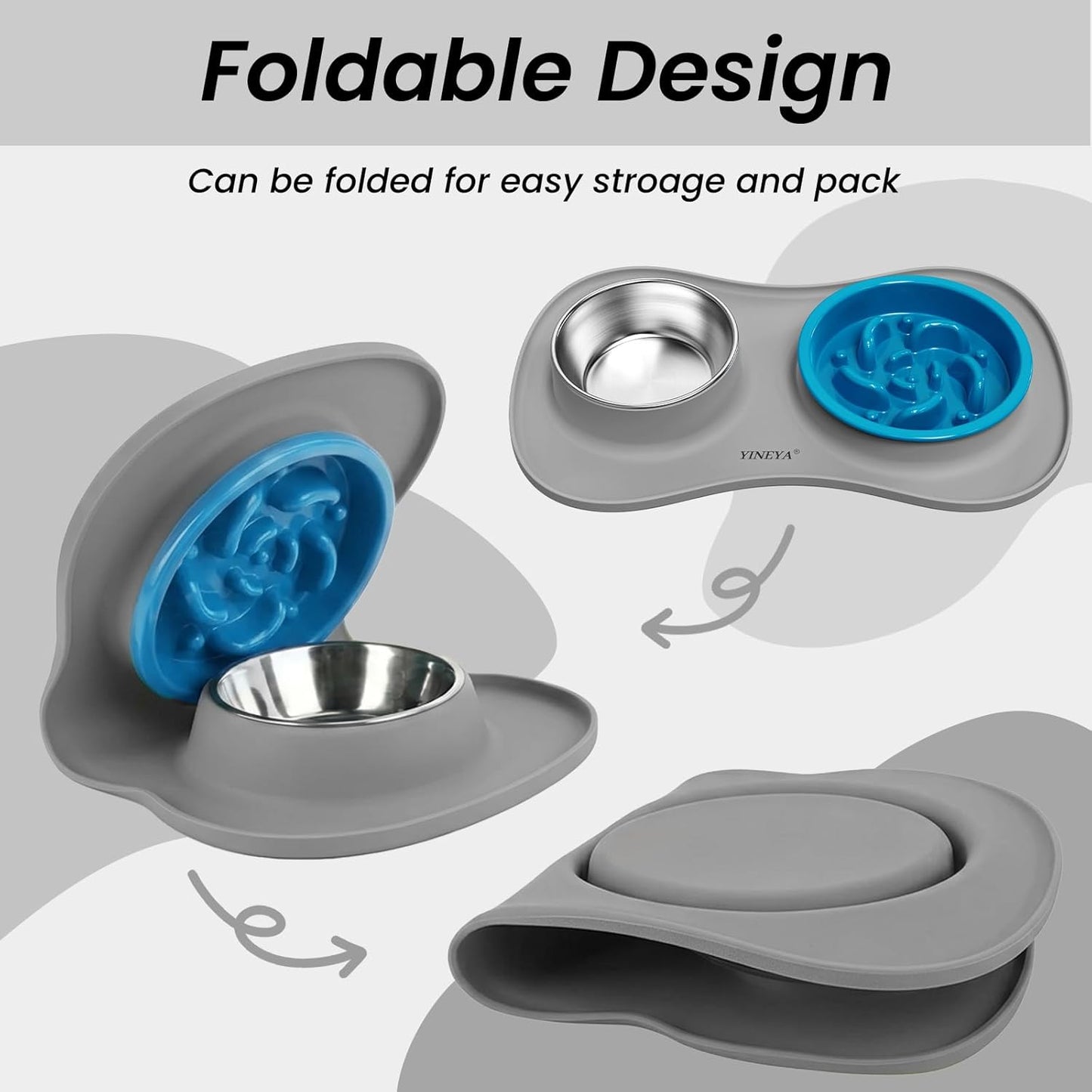 YINEYA 3 in 1 Slow Feeder Dog Bowls & Stainless Steel Food and Water Bowl with Non-Spill Dog Bowl Mat, Anti-Choking Puppy Bowls, Floor Safe & Easy Clean for Large Medium Small Dogs Cats