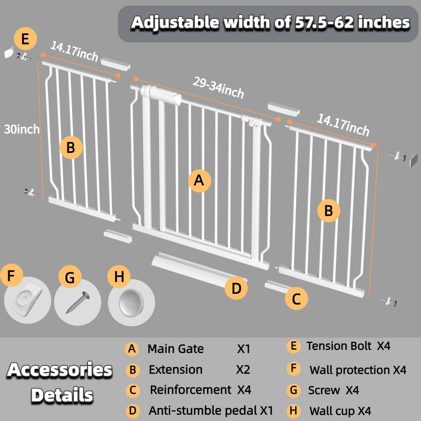 Extra Wide Baby Gate with Door, 52.76~62.2 Inch Wide Presure Mounted No Drill Metal Auto Close Child Gate for Stair Doorway - Indoor Outdoor Safty Gate for Toddler Dog Doggie, Black