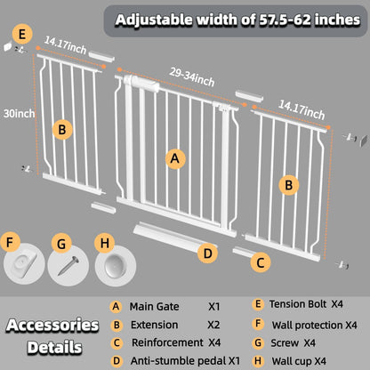 Extra Wide Baby Gate with Door, 52.76~62.2 Inch Wide Presure Mounted No Drill Metal Auto Close Child Gate for Stair Doorway - Indoor Outdoor Safty Gate for Toddler Dog Doggie, Black