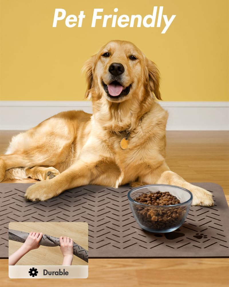 MontVoo Dog Food Mat-Pet Feeding Mat for Food and Water-No Stains Quick Dry Dispenser Cat Bowl Mat for Messy Drinkers(12"x19" Dark Grey)