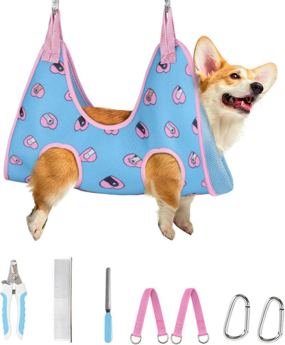 Supet Dog Grooming Hammock Harness for Dogs Cats, Relaxation Pet Nail Clipper Hammock, Restraint Dog & Small Animal Leashes Sling for Groomingk for Nail Trimming (Coral Blue, S)