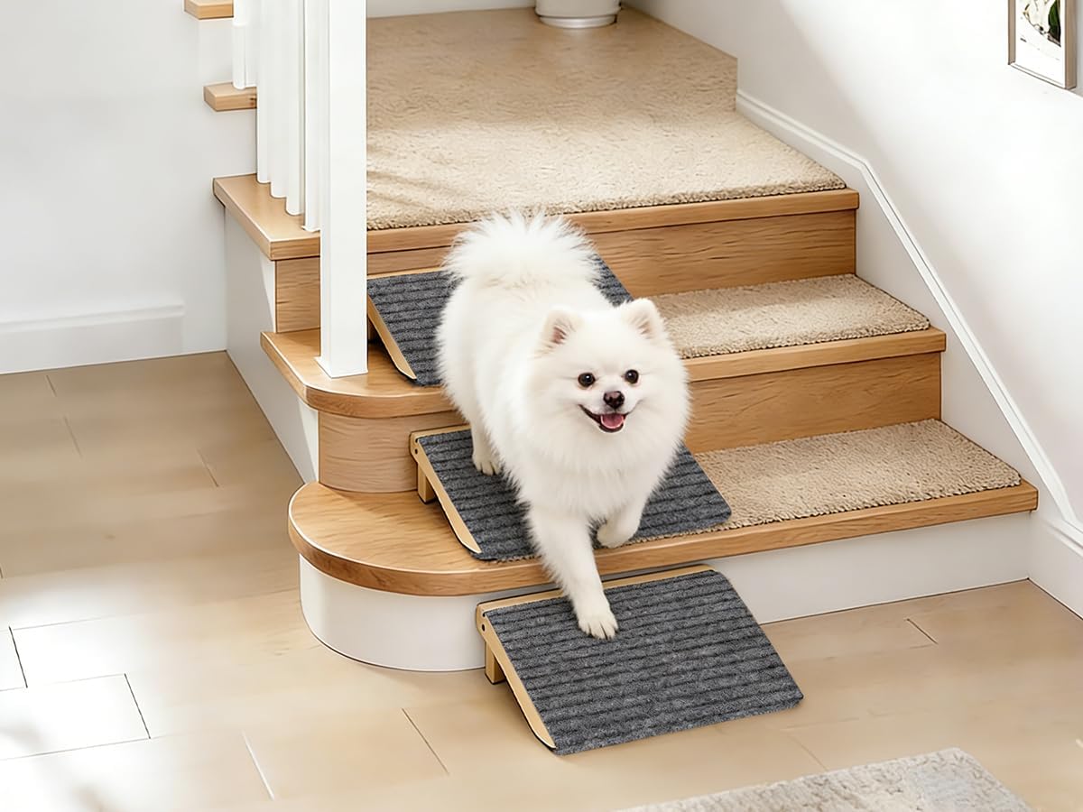2-Pack Foldable Dog Ramp for Stairs – Lightweight Safe Wooden Pet Steps with Low-Angled Design & Anti-Slip Carpet Surface, Portable Dog Stairs to Assist Elderly/Injured Small Medium Large Dogs