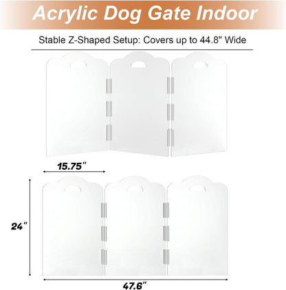 Clear Acrylic Dog Gate Indoor, Free-Standing Pet Gate, 24" Height (Size M) Foldable 4 Modular Panels, Dog Fence for Doorways, Hallways, Stairs, No Drilling, Perfect for Puppies and Small Pets